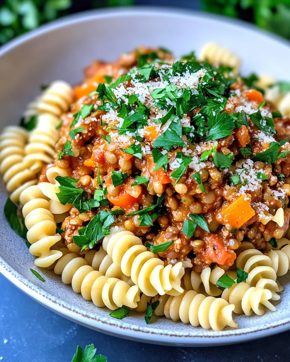 Delicious Vegan Lentil Bolognese over Fusilli plate image