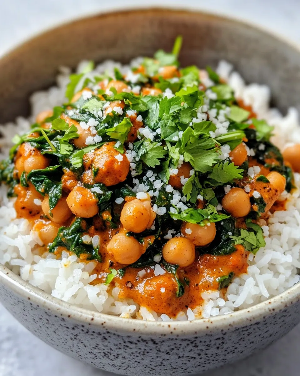 Delicious Vegan Spicy Chickpea & Spinach Curry with Rice dish photo