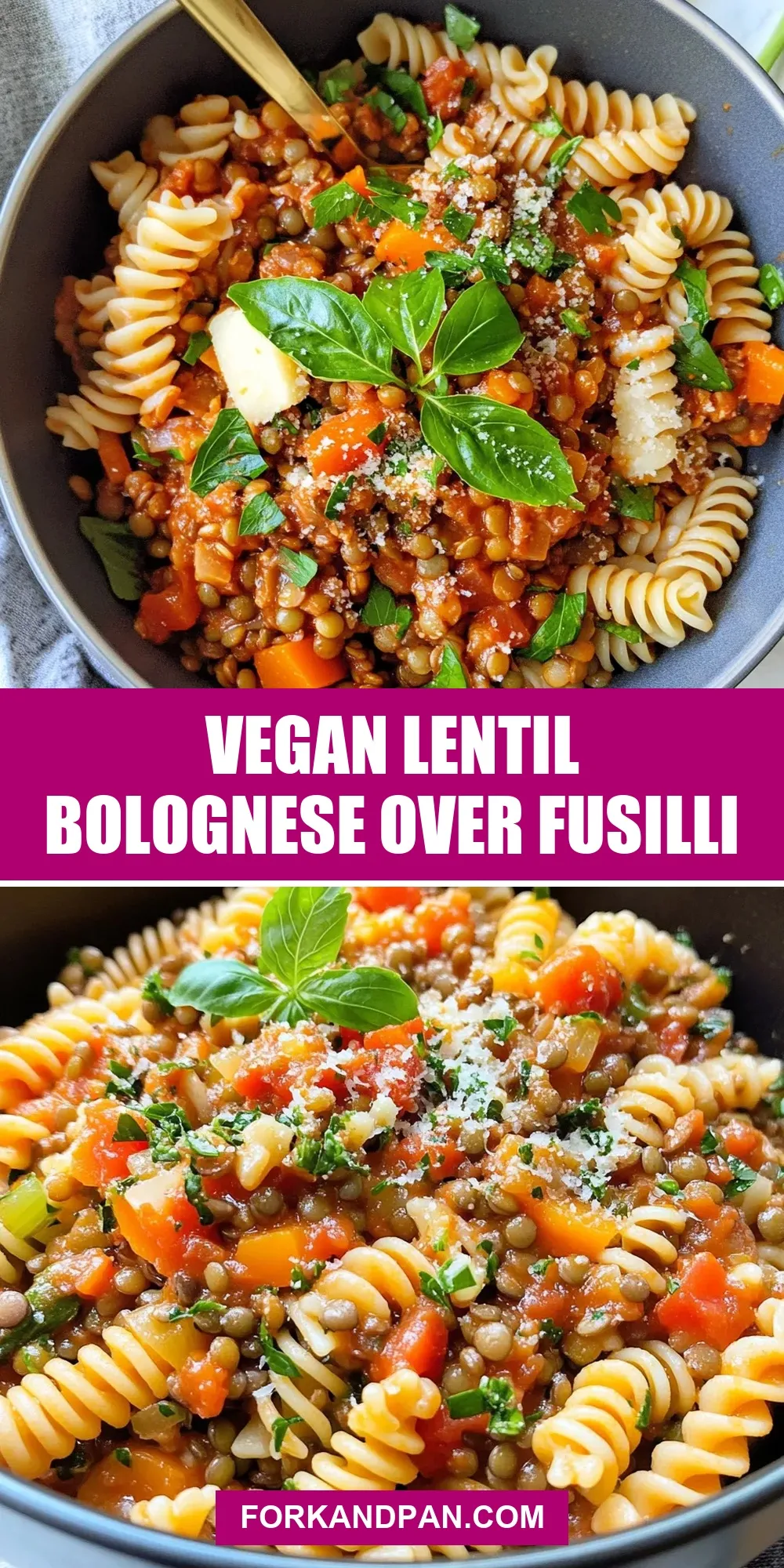 Delicious Vegan Lentil Bolognese Over Fusilli