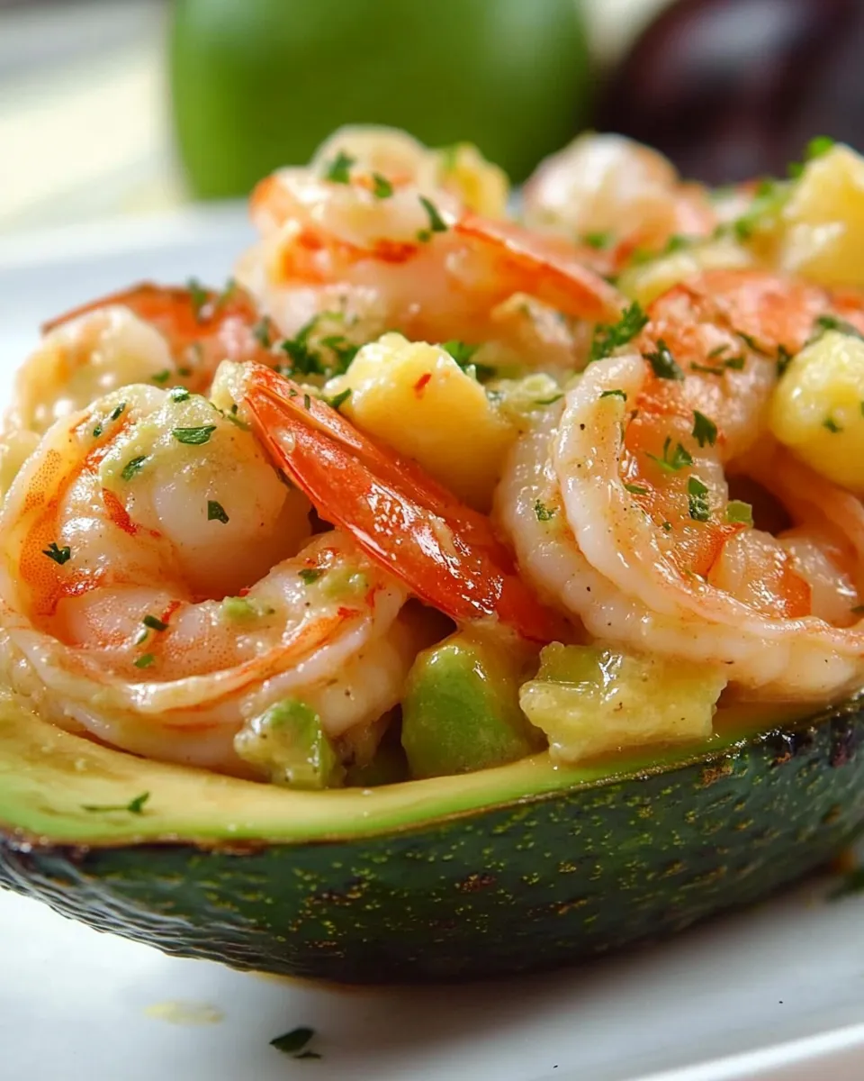 Tasty Grilled Shrimp Salad in an Avocado Shell food shot