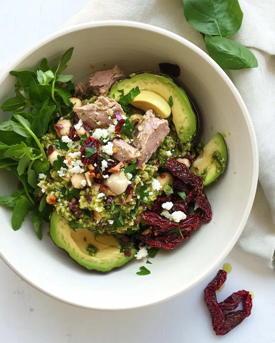 Healthy Avocado Pesto Tuna Salad with Sun-Dried Tomatoes dish photo