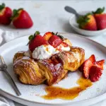 Homemade Baked Strawberry and Cream Stuffed Croissant French Toast. photo