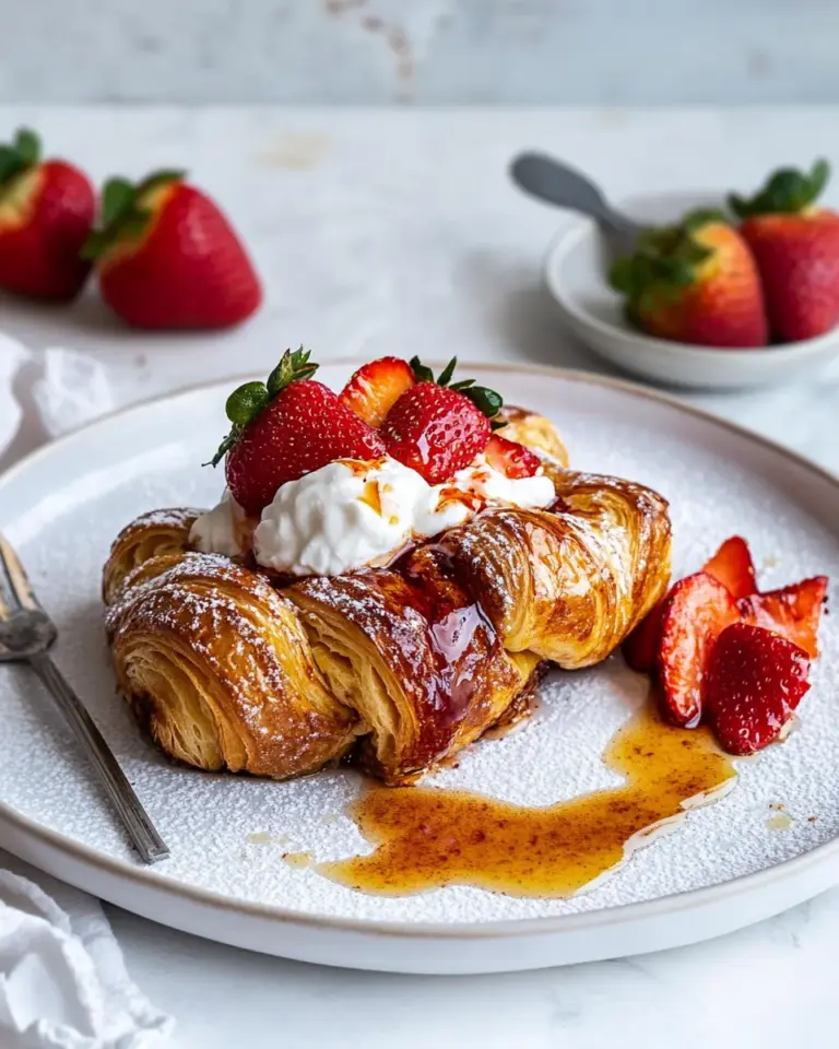 Homemade Baked Strawberry and Cream Stuffed Croissant French Toast. photo