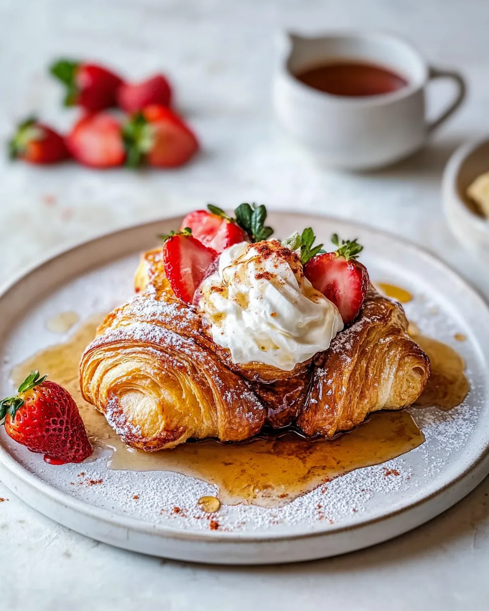 Classic Baked Strawberry and Cream Stuffed Croissant French Toast. recipe photo