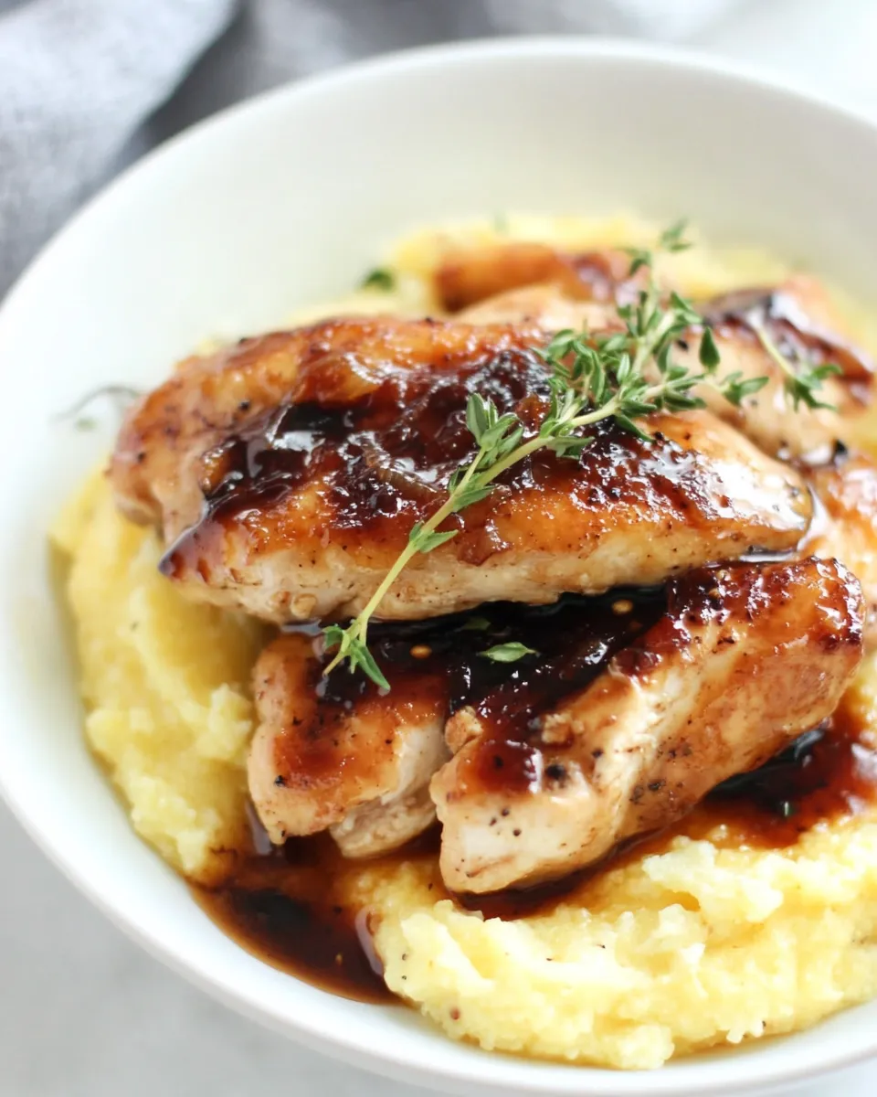 Tasty Balsamic Orange Glazed Chicken with Creamy Goat Cheese Polenta shot