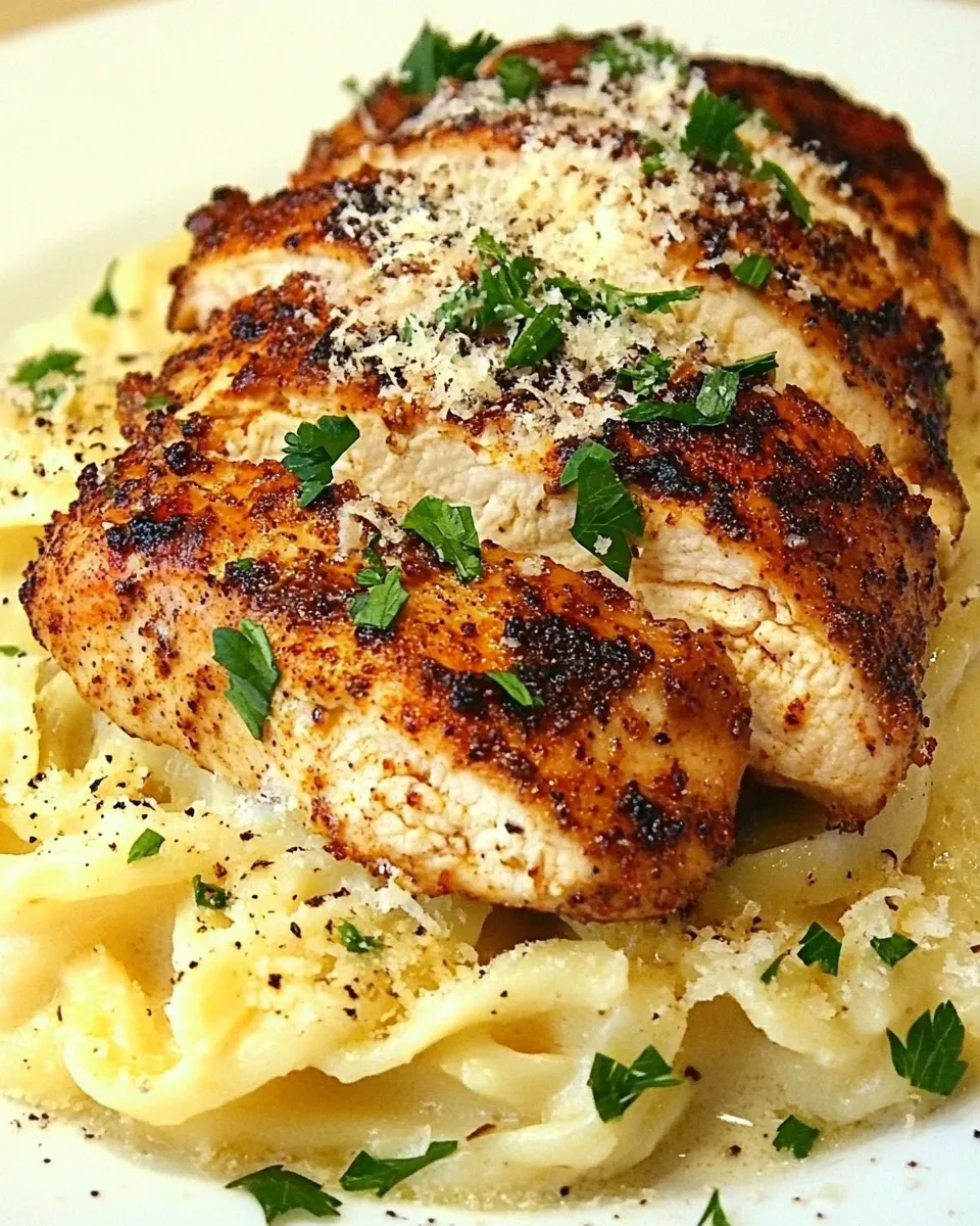 Savory Blackened Chicken with Roasted Garlic Alfredo shot