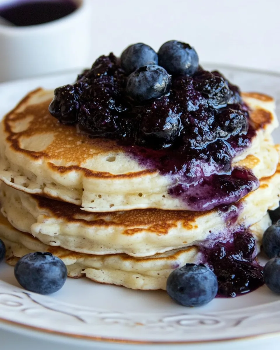 Delicious Buttermilk Pancakes with Blueberry Compote shot