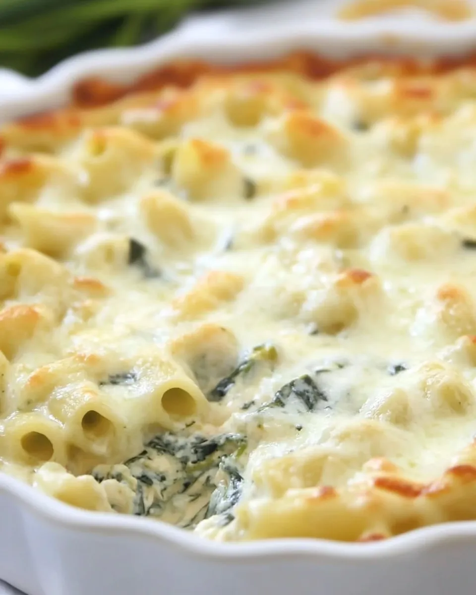 Delicious Cheesy Spinach Dip Chicken Pasta shot