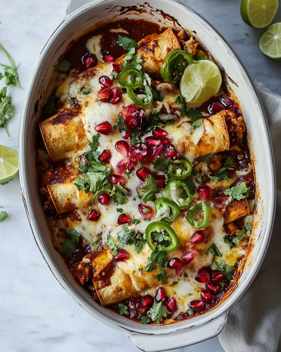 Amazing Cheesy Sweet and Sour Pomegranate Thai Chicken Enchiladas. shot