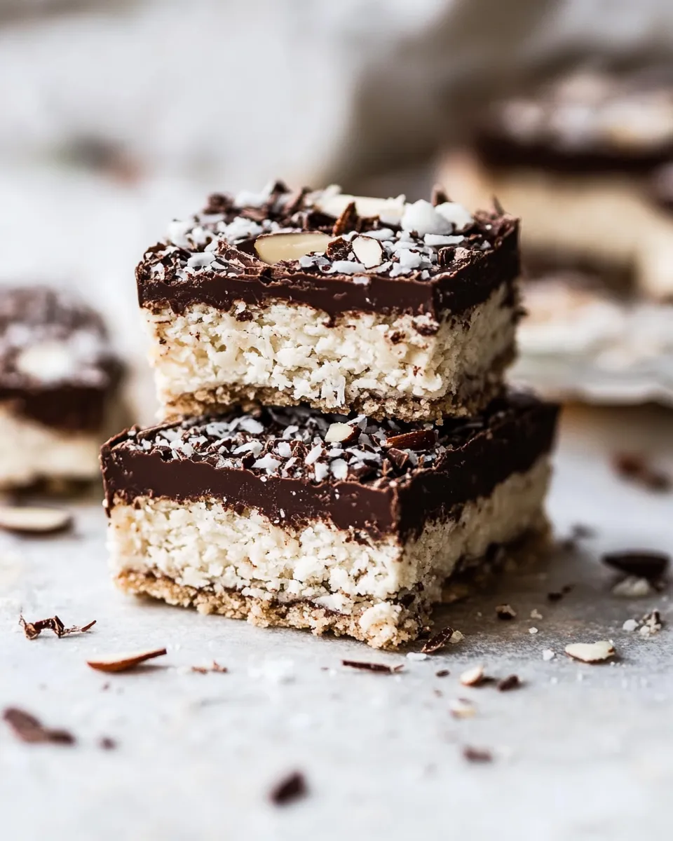 Best Chocolate Coconut Almond Bars. food shot