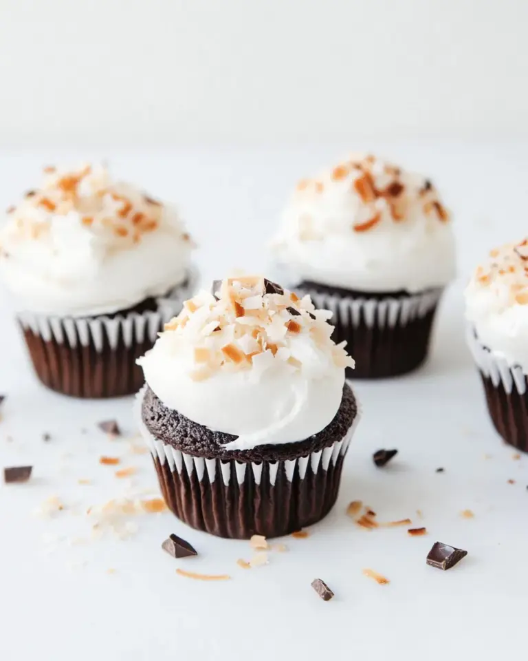 Easy Chocolate Coconut Cream Cupcakes. recipe image