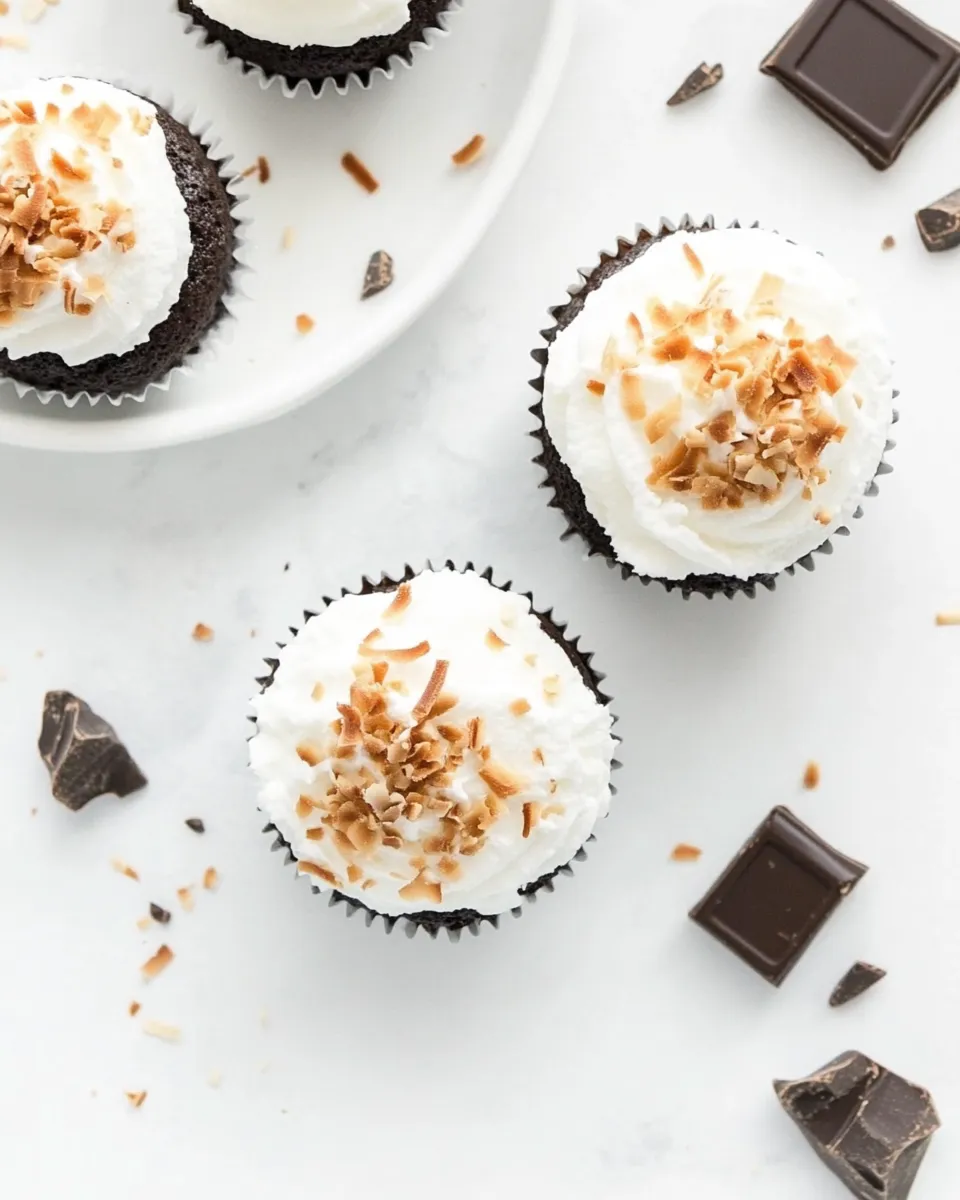 Simple Chocolate Coconut Cream Cupcakes. recipe image