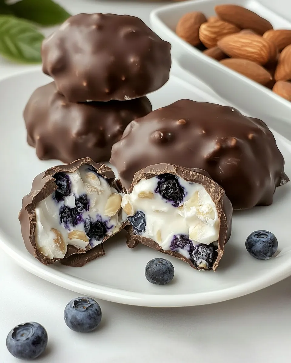 Easy Chocolate Covered Yogurt Bites with Blueberries & Almonds shot