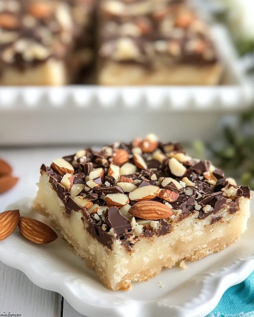 Delicious Chocolate Toffee Almond Shortbread Bars food shot