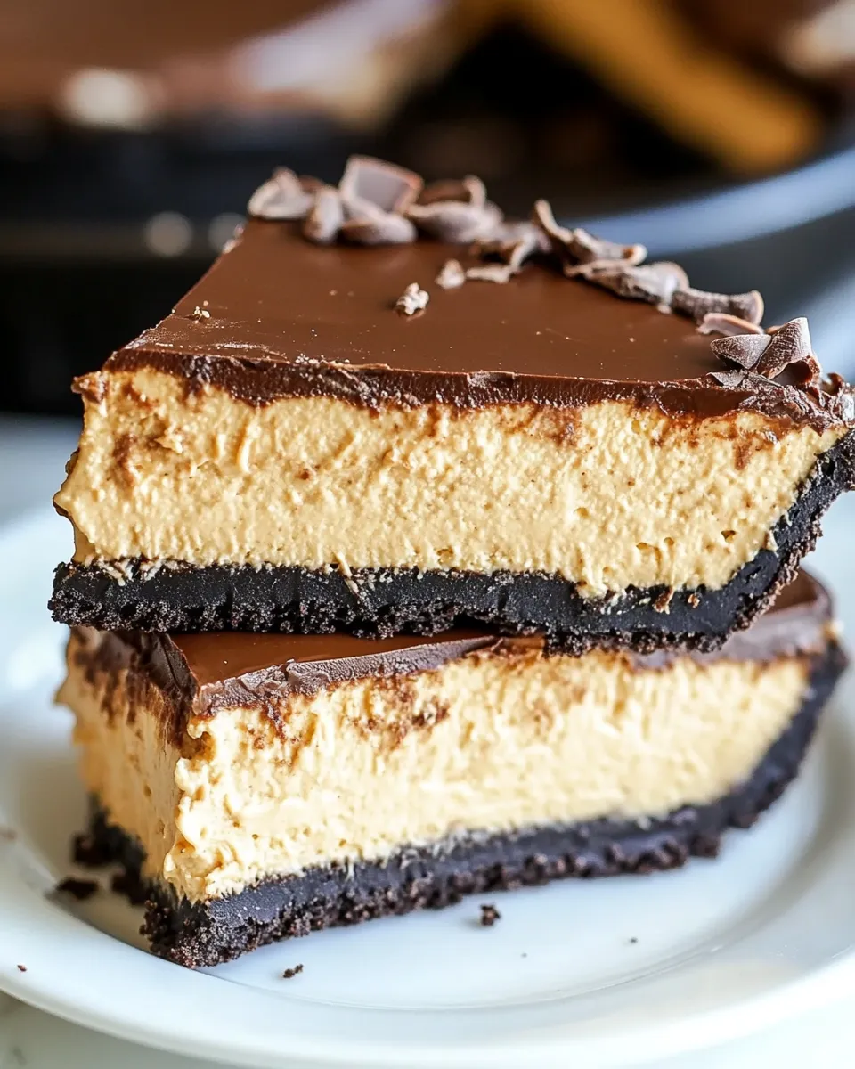 Delicious Chocolate and Peanut Butter Mousse Cheesecake food shot