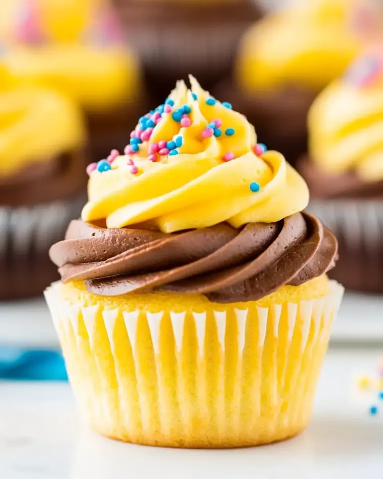 Homemade Classic Yellow Cupcakes with Chocolate Frosting photo
