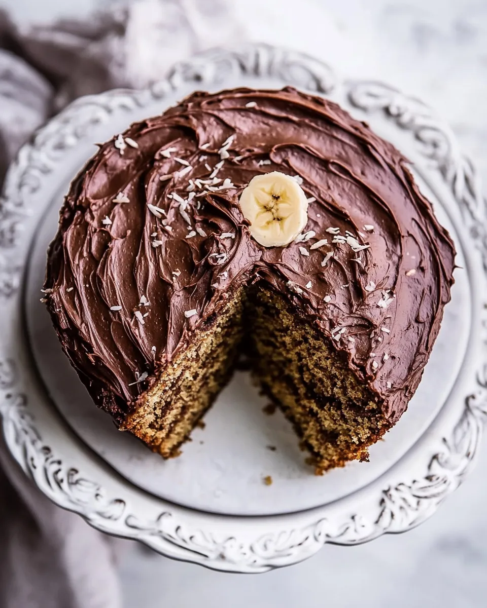 Easy Coconut Banana Cake with Chocolate Frosting. food shot