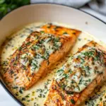 Simple Creamy Garlic Butter Baked Salmon. dish image