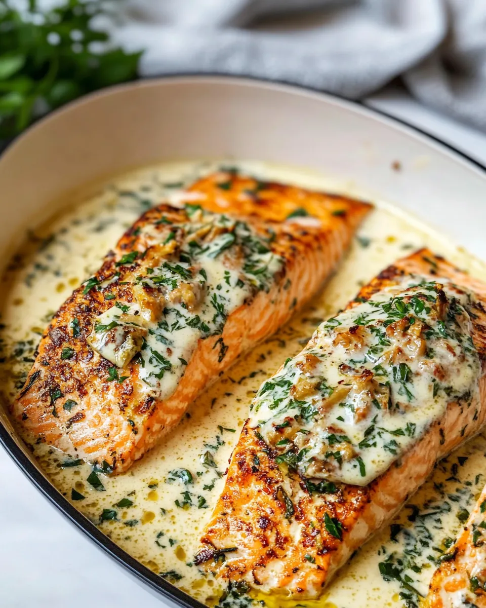 Simple Creamy Garlic Butter Baked Salmon. dish image
