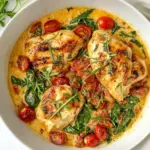Homemade Creamy Garlic Chicken w/ Spinach and Cherry Tomatoes photo