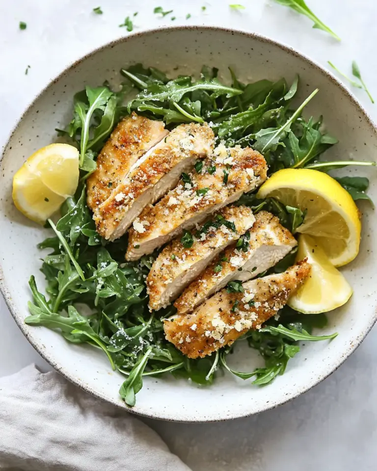 Amazing Crispy Baked Parmesan Chicken with Lemon Arugula. food shot