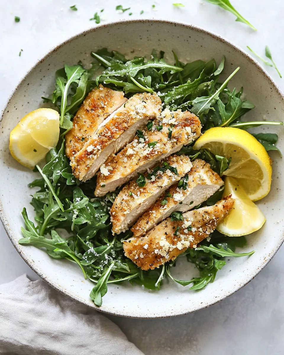Amazing Crispy Baked Parmesan Chicken with Lemon Arugula. food shot