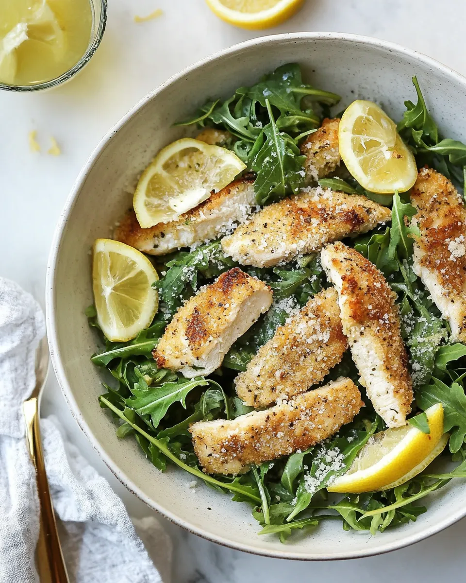 Delicious Crispy Baked Parmesan Chicken with Lemon Arugula. picture