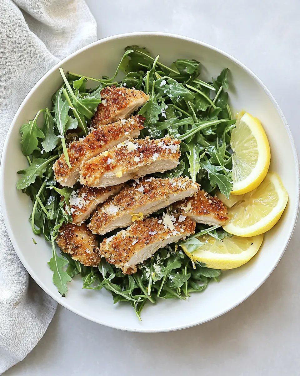 Simple Crispy Baked Parmesan Chicken with Lemon Arugula. recipe image