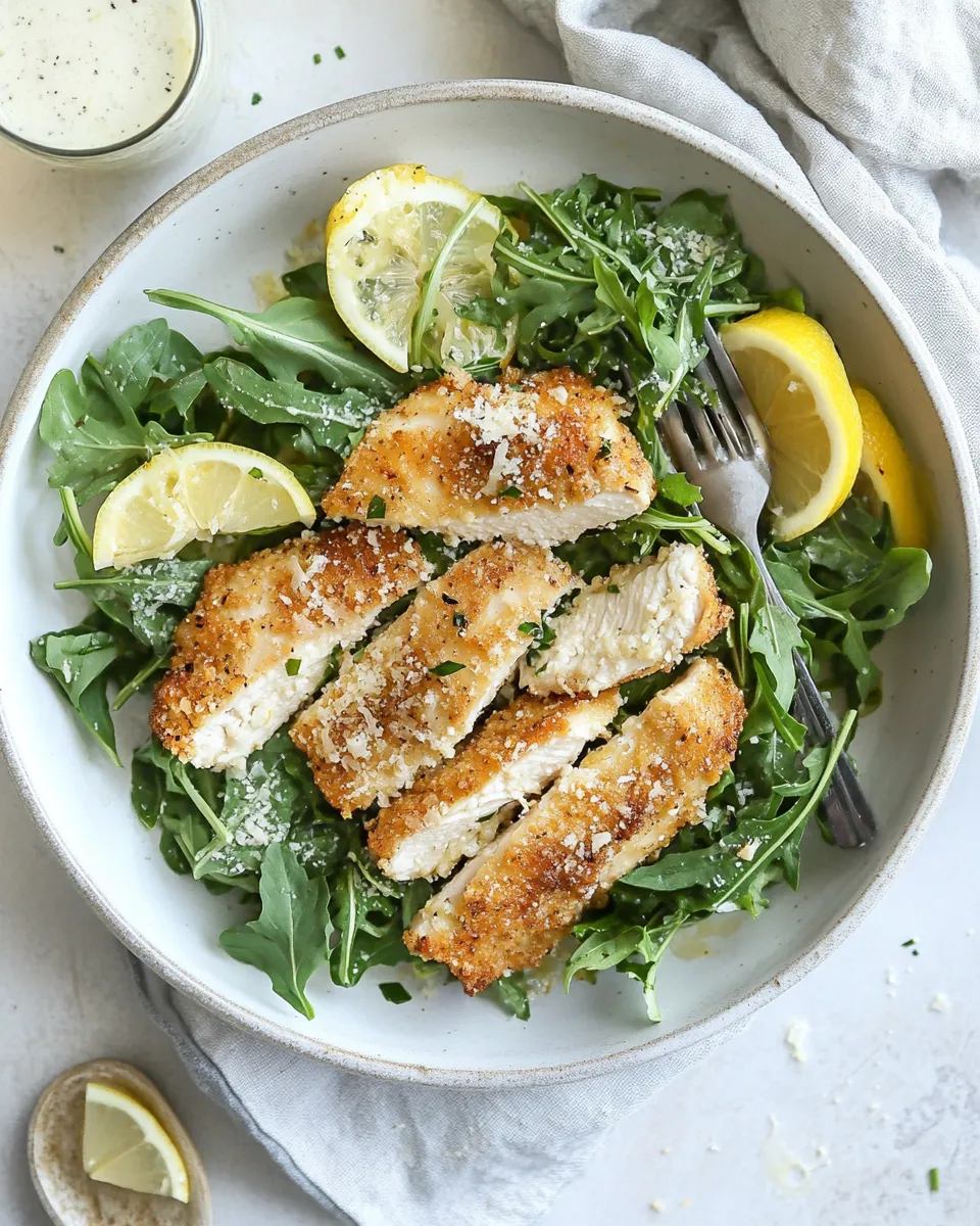 Sweet Crispy Baked Parmesan Chicken with Lemon Arugula. recipe photo