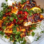 Homemade Crispy Feta with Lemon Pepper Chicken and Rice. photo