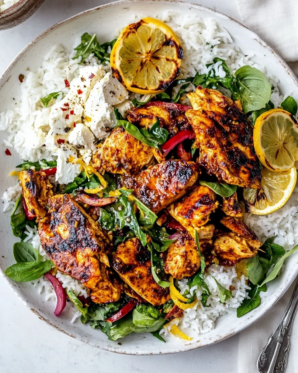 Easy Crispy Feta with Lemon Pepper Chicken and Rice. recipe photo