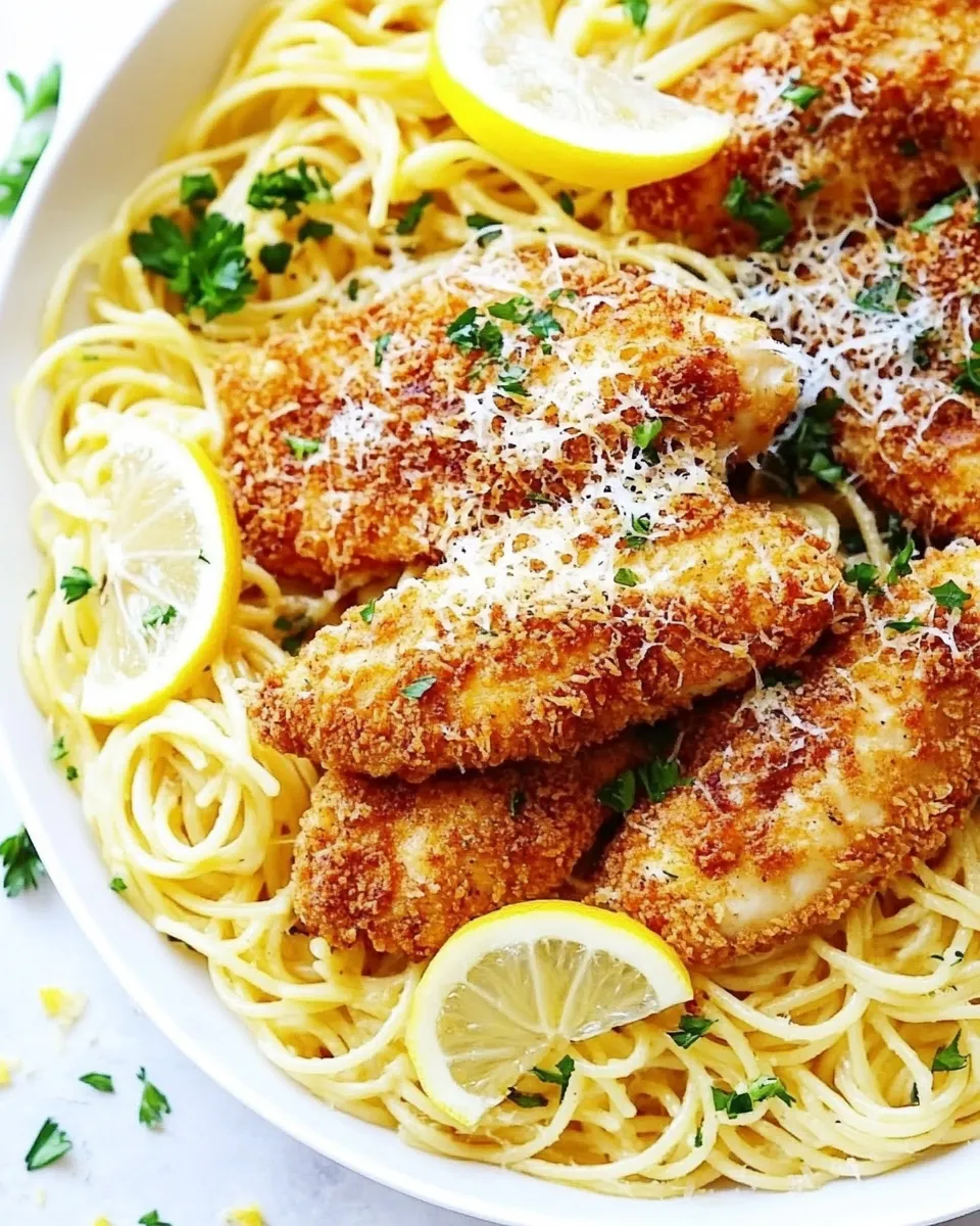 Tasty Crispy Parmesan Chicken with Creamy Lemon Garlic Pasta dish photo