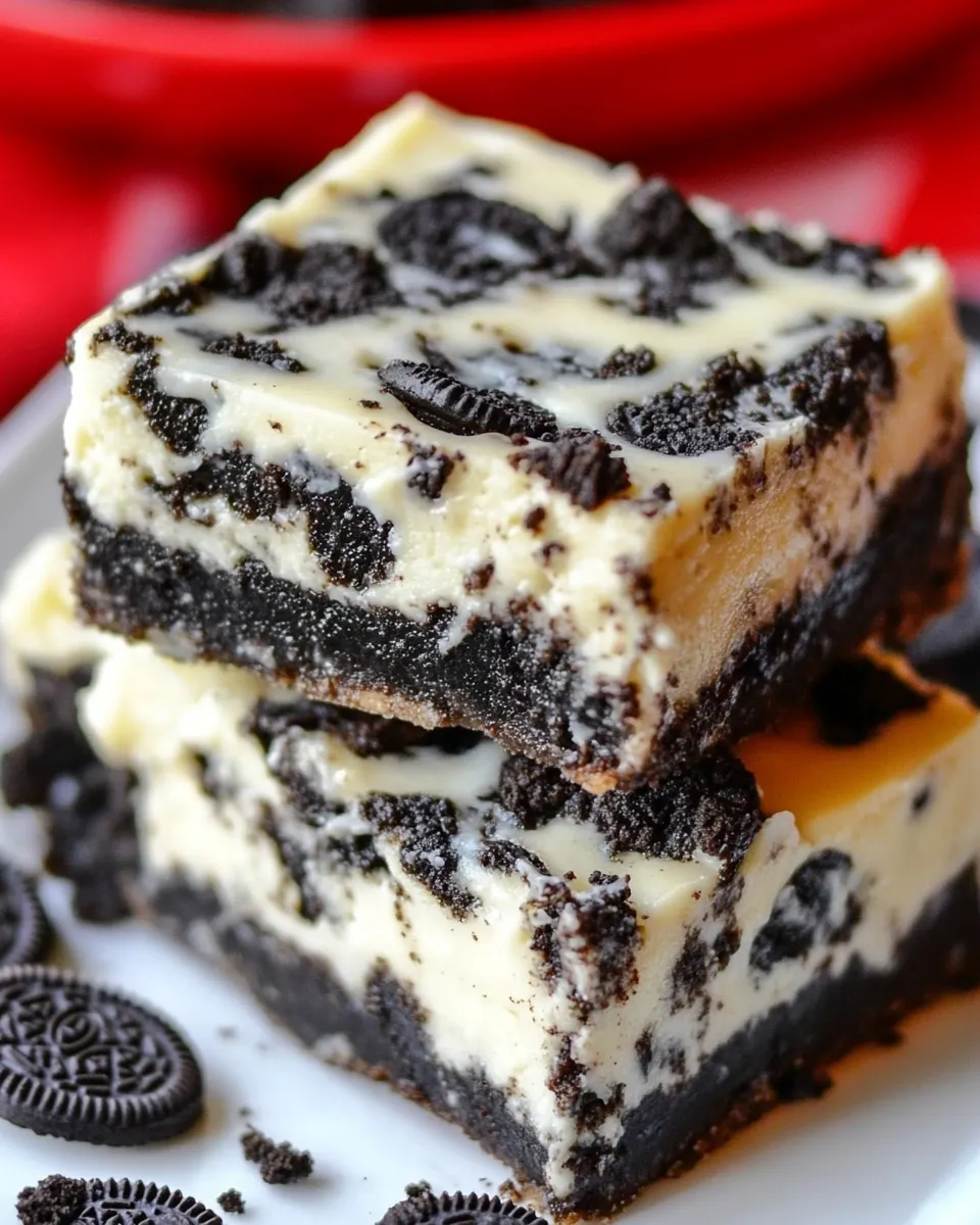 Delicious Easy Oreo Cheesecake Bars food shot