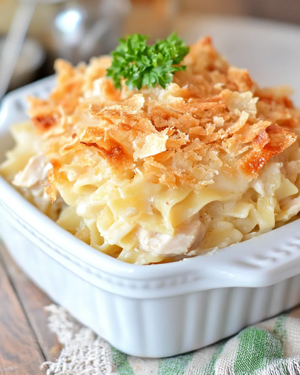 Easy French Onion Chicken Noodle Casserole food shot