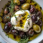 Homemade Garlic Herb Roasted Olives with Burrata. recipe photo