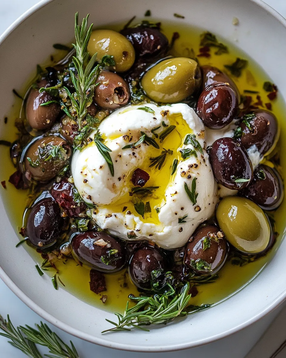 Homemade Garlic Herb Roasted Olives with Burrata. recipe photo