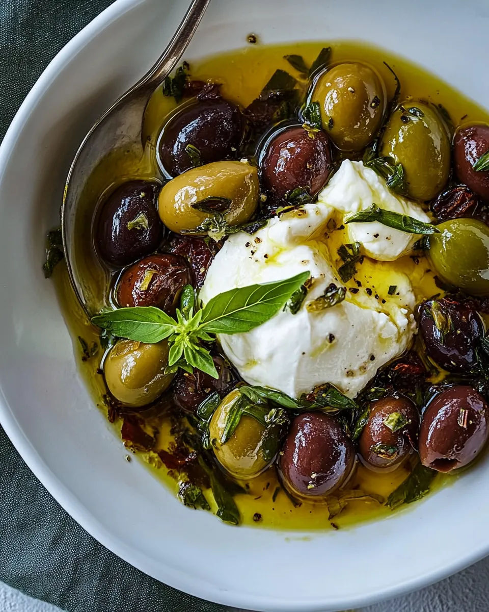 Classic Garlic Herb Roasted Olives with Burrata. dish photo