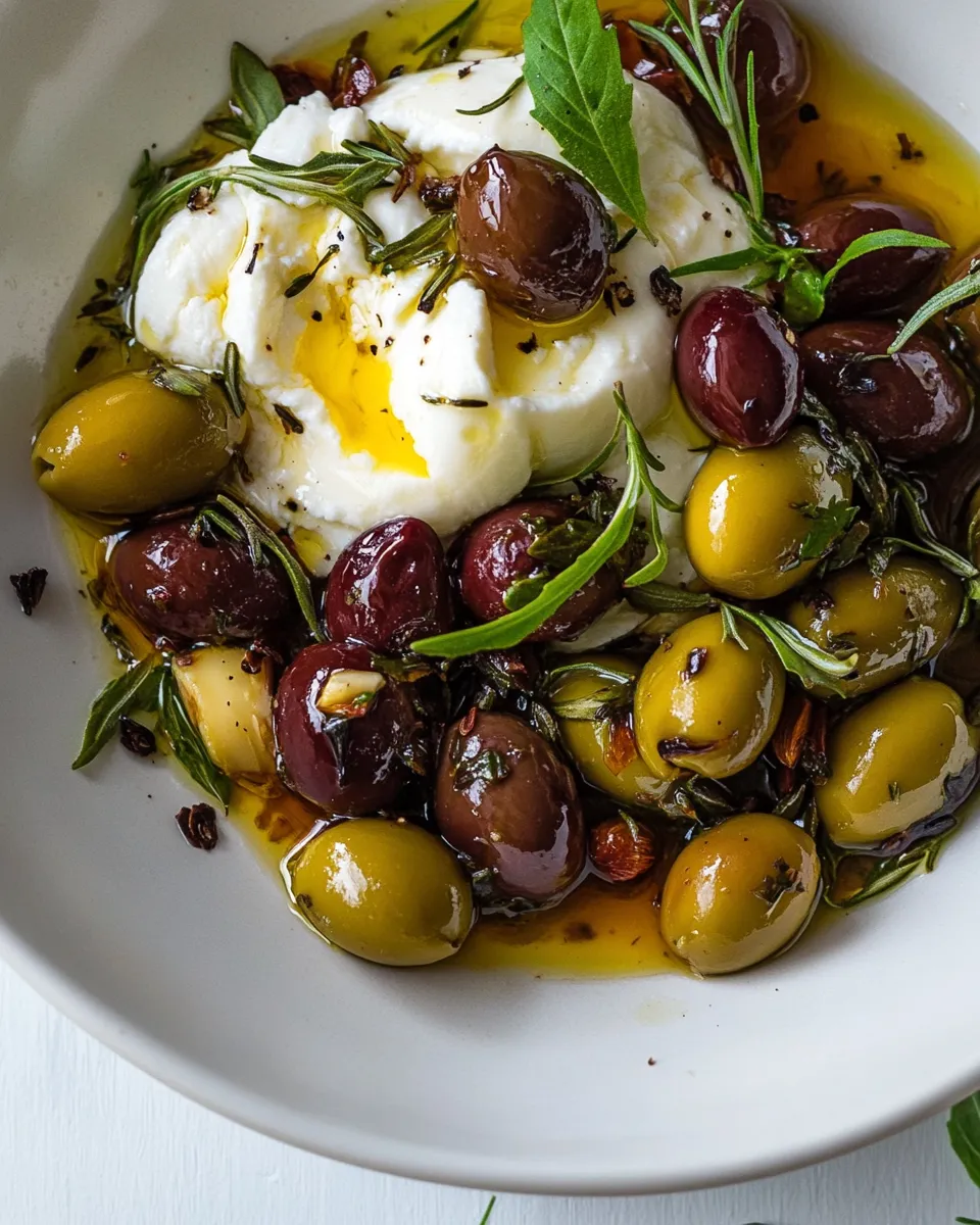 Easy Garlic Herb Roasted Olives with Burrata. food shot