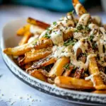 Homemade Garlic Parmesan French Fries Dressed in Caesar Dressing. photo