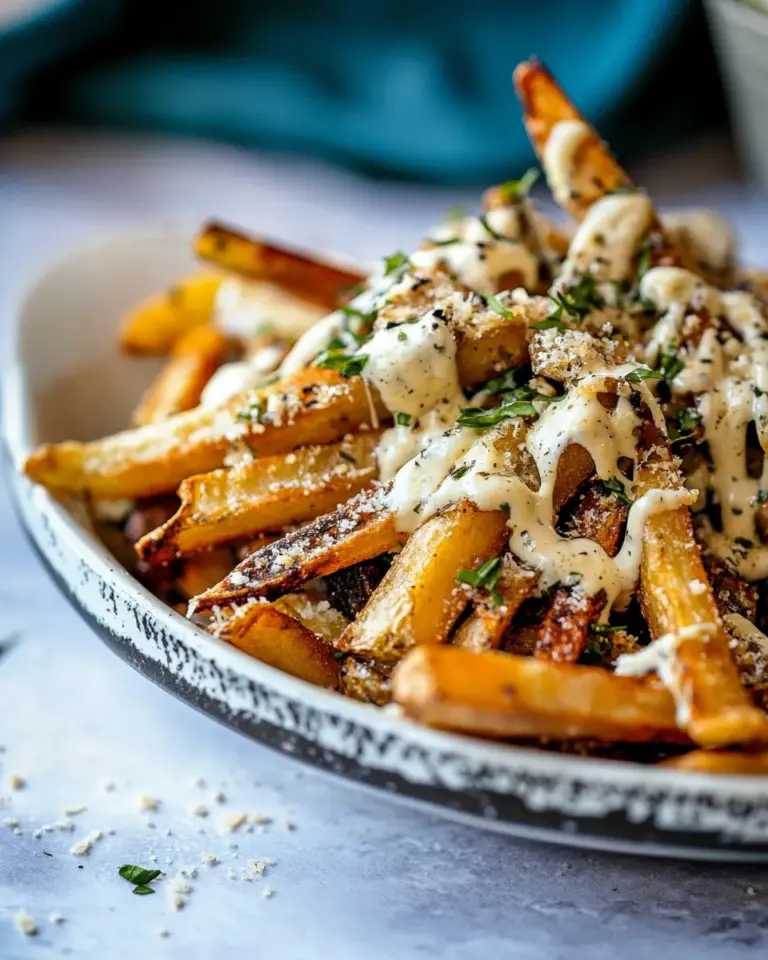Homemade Garlic Parmesan French Fries Dressed in Caesar Dressing. photo