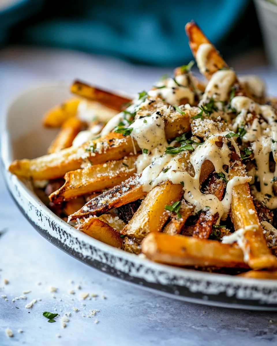 Homemade Garlic Parmesan French Fries Dressed in Caesar Dressing. photo
