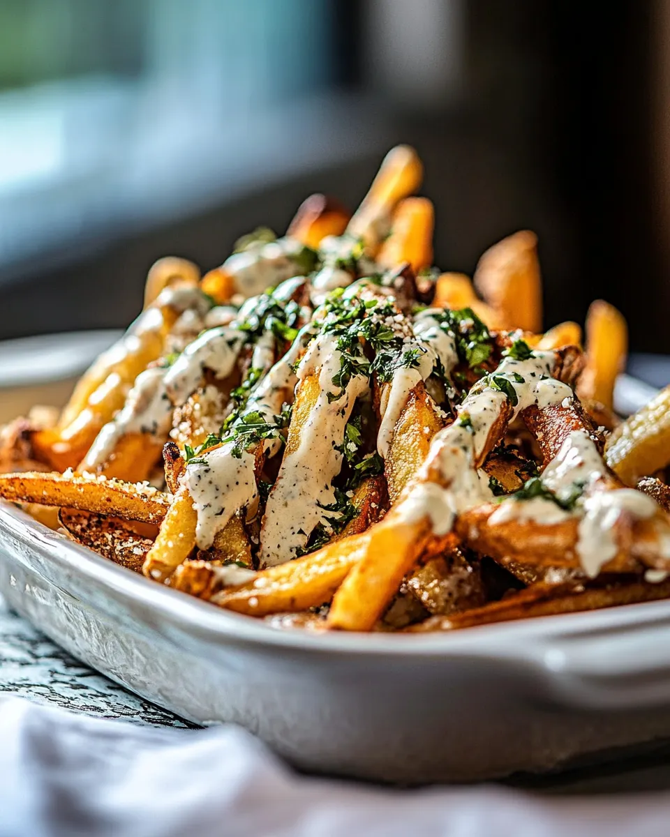 Easy Garlic Parmesan French Fries Dressed in Caesar Dressing. recipe photo