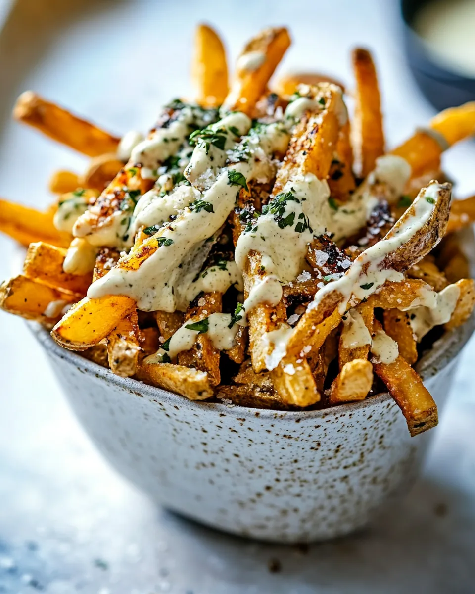 Delicious Garlic Parmesan French Fries Dressed in Caesar Dressing. shot