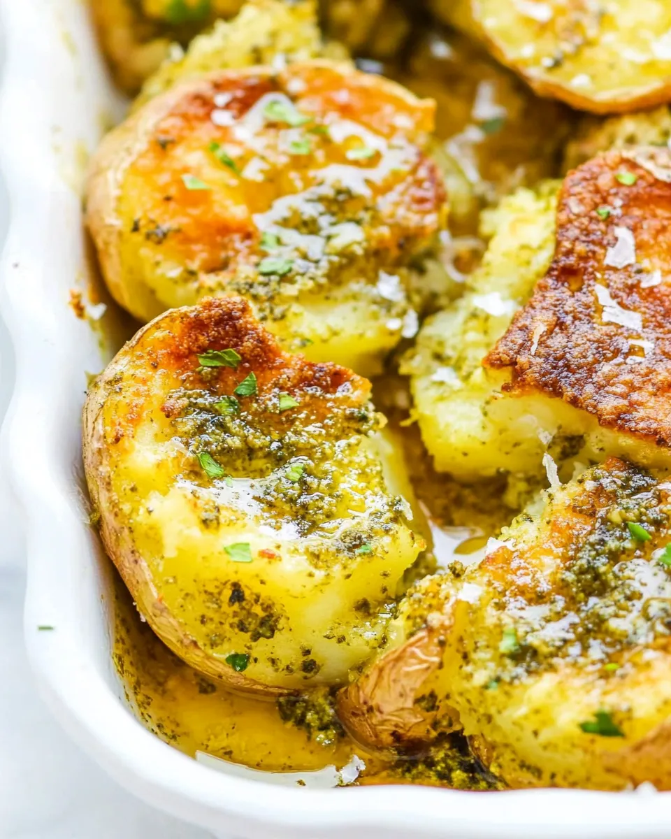 Easy Garlic Pesto Smashed Potatoes dish photo
