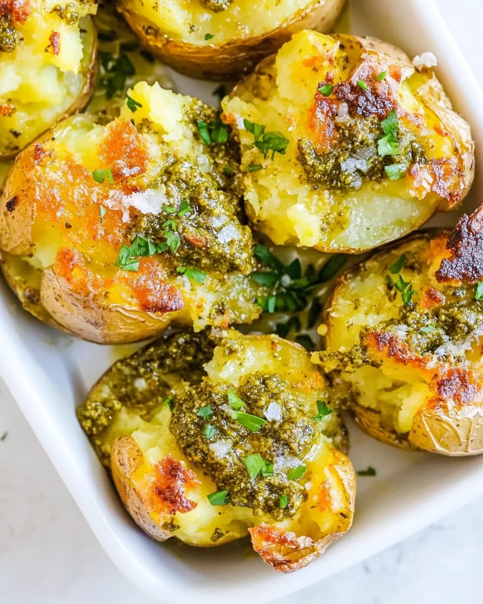 Savory Garlic Pesto Smashed Potatoes food shot