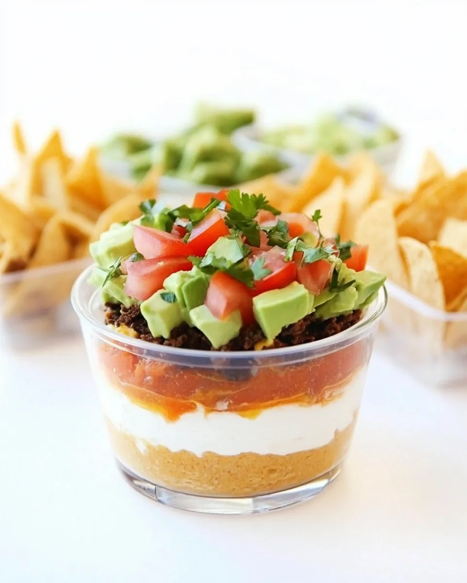 Delicious Individual Seven-Layer Dips shot