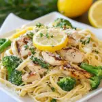 Homemade Lemon Fettuccine Alfredo with Grilled Chicken and Broccoli photo