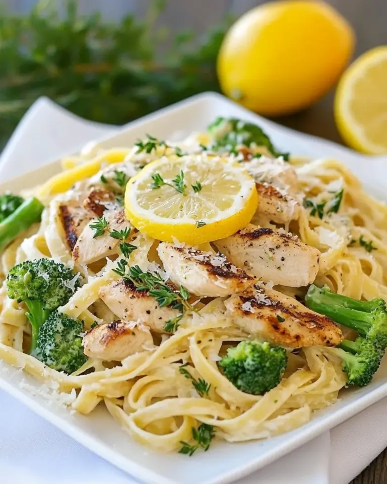 Homemade Lemon Fettuccine Alfredo with Grilled Chicken and Broccoli photo