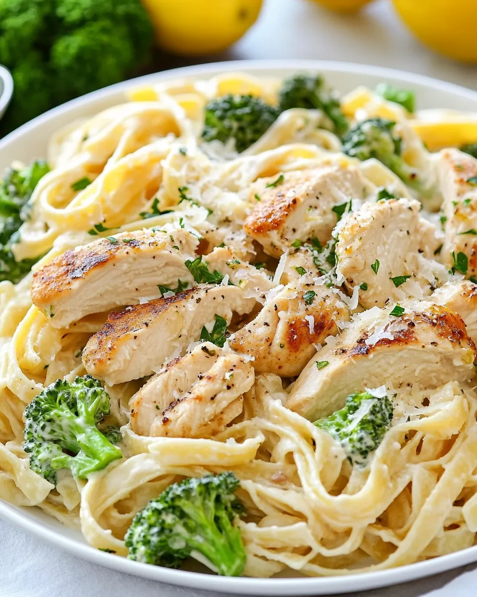 Classic Lemon Fettuccine Alfredo with Grilled Chicken and Broccoli image