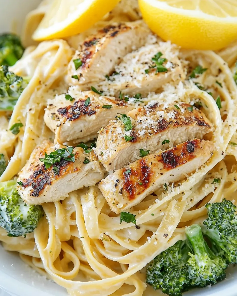 Delicious Lemon Fettuccine Alfredo with Grilled Chicken and Broccoli dish photo